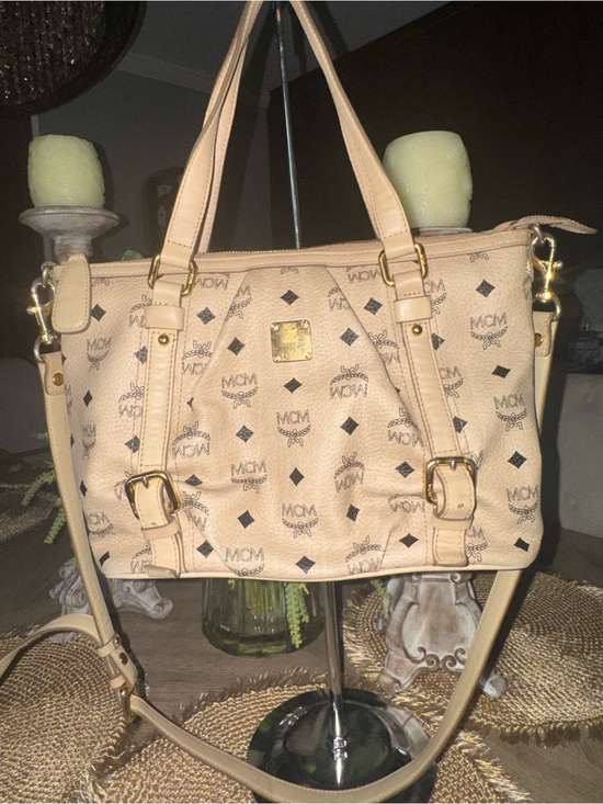 MCM Handbags - MCM Beige Logo Shoulder Bag with Gold Hardware in EUC